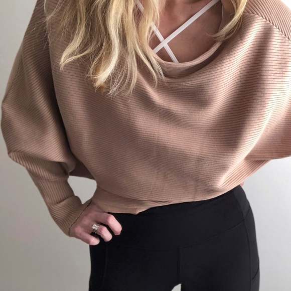 Off Shoulder Sand Ribbed Knit Pullover - Picture 7 of 8